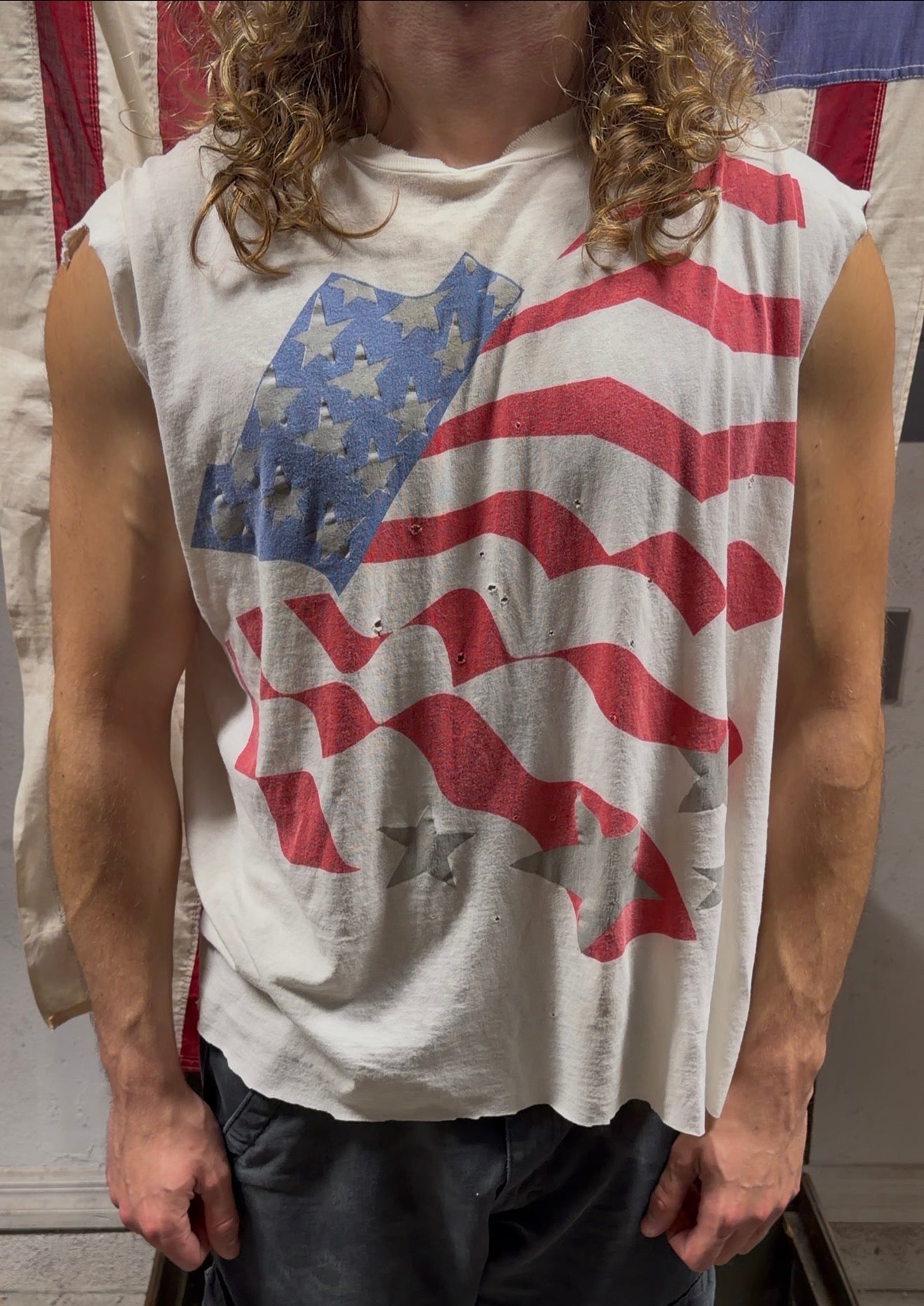 Vintage thrashed cut off American flag tee